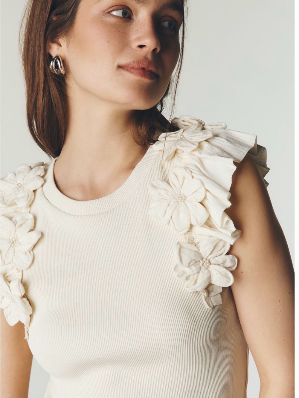 Floral-Appliqué Ruffle Shoulder Tank in Cream NEW